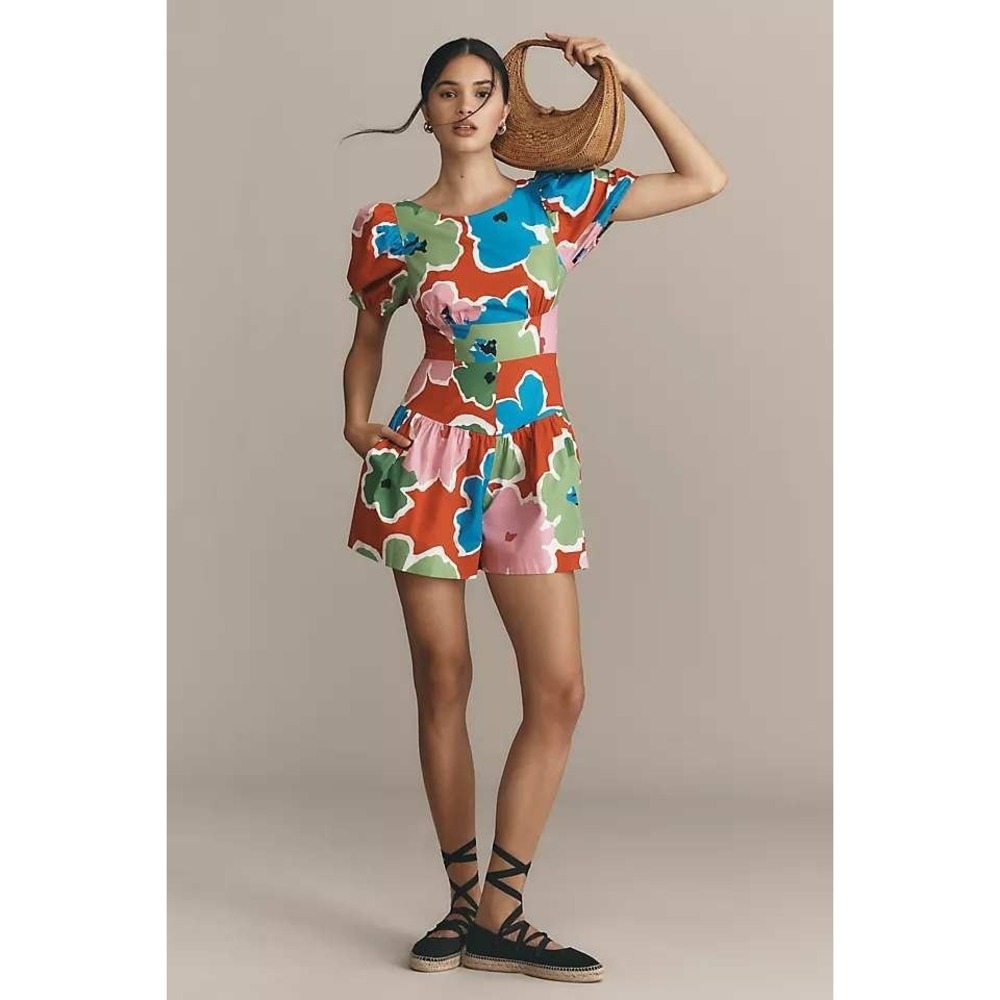 Anthropologie Plenty by Tracy Reese Floral Puff Sleeve Tie Back Romper Red NWT